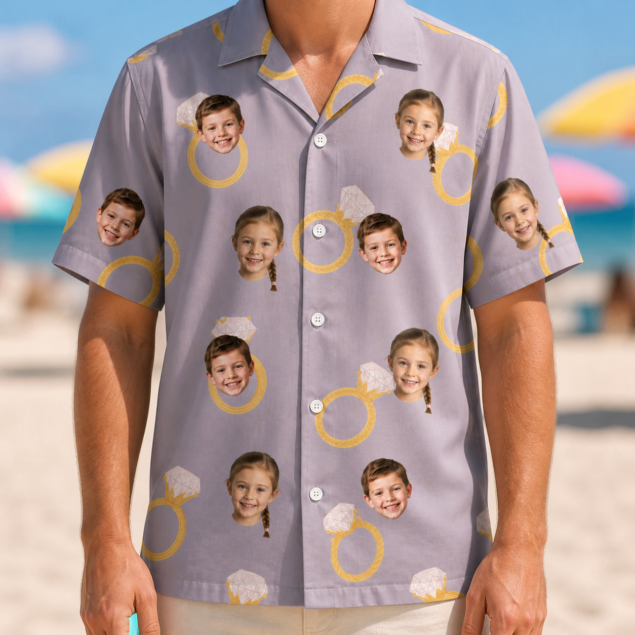 Model wearing Men's Diamond Dares Custom Face Hawaiian Shirt printed with kids' faces