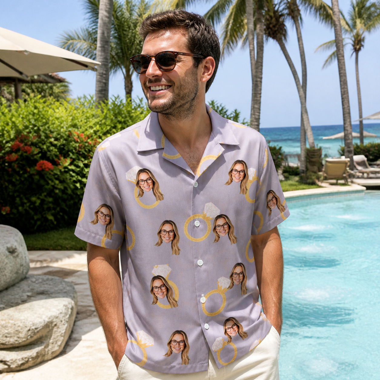Real-life photo of someone wearing Men's Diamond Dares Custom Face Hawaiian Shirt — custom faces printed all-over