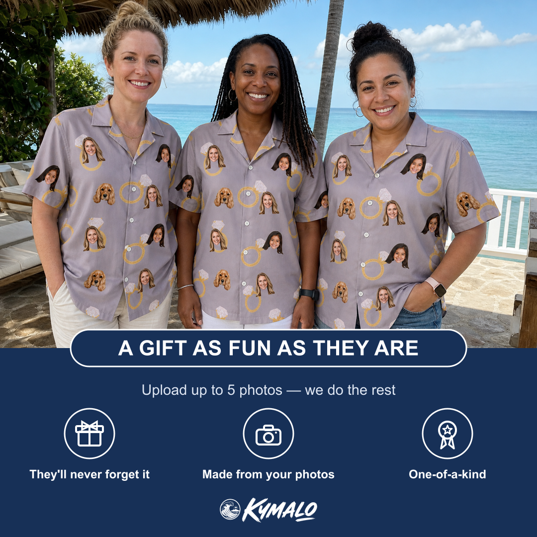 Friends in matching Women's Diamond Dares Custom Face Hawaiian Shirt — a group gift photo