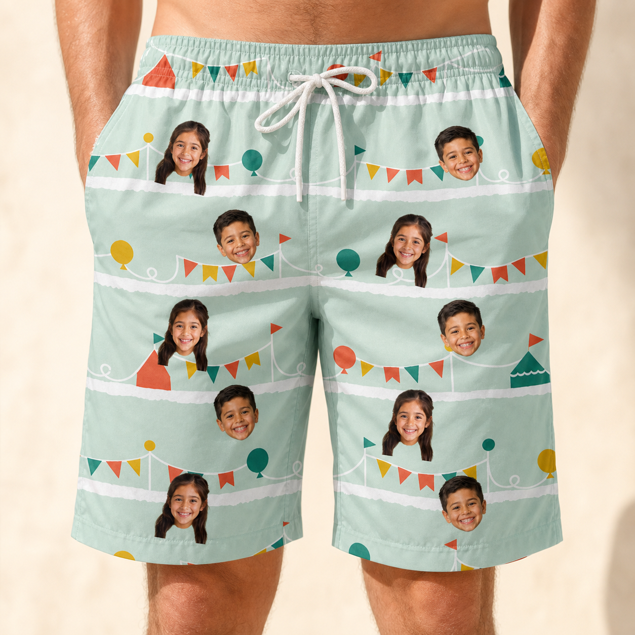 Model wearing Men's Aisle Antics Custom Face Beach Shorts printed with kids' faces