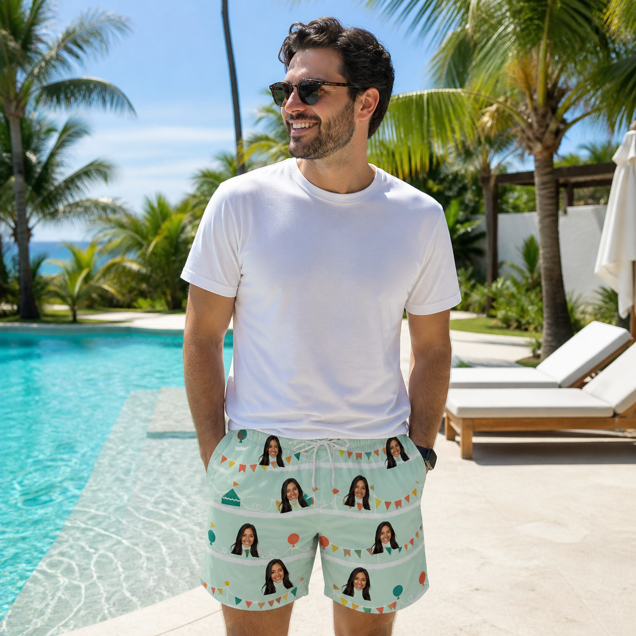Real-life photo of someone wearing Men's Aisle Antics Custom Face Beach Shorts — custom faces printed all-over