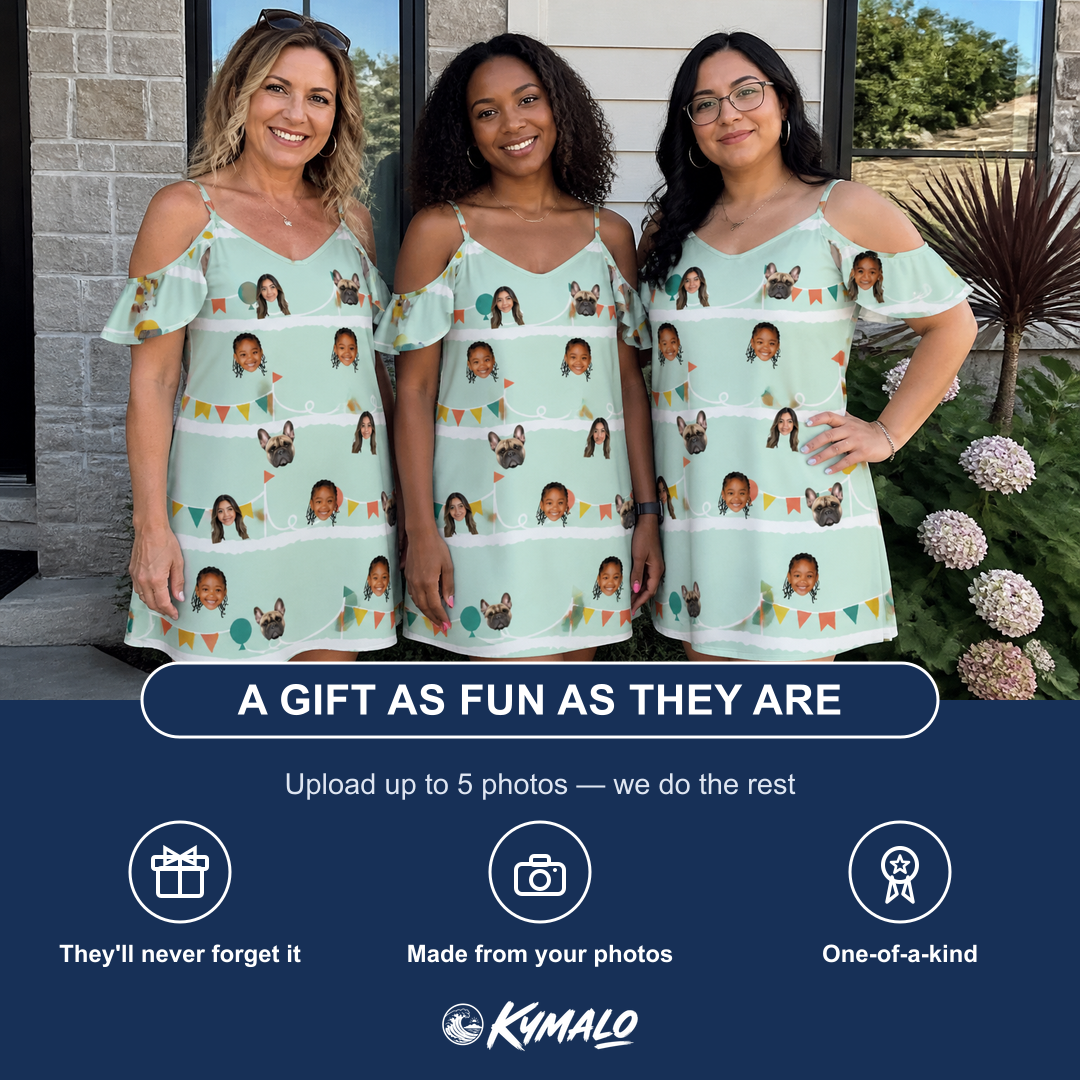 Friends in matching Women's Aisle Antics Custom Face Off-Shoulder Dress — a group gift photo