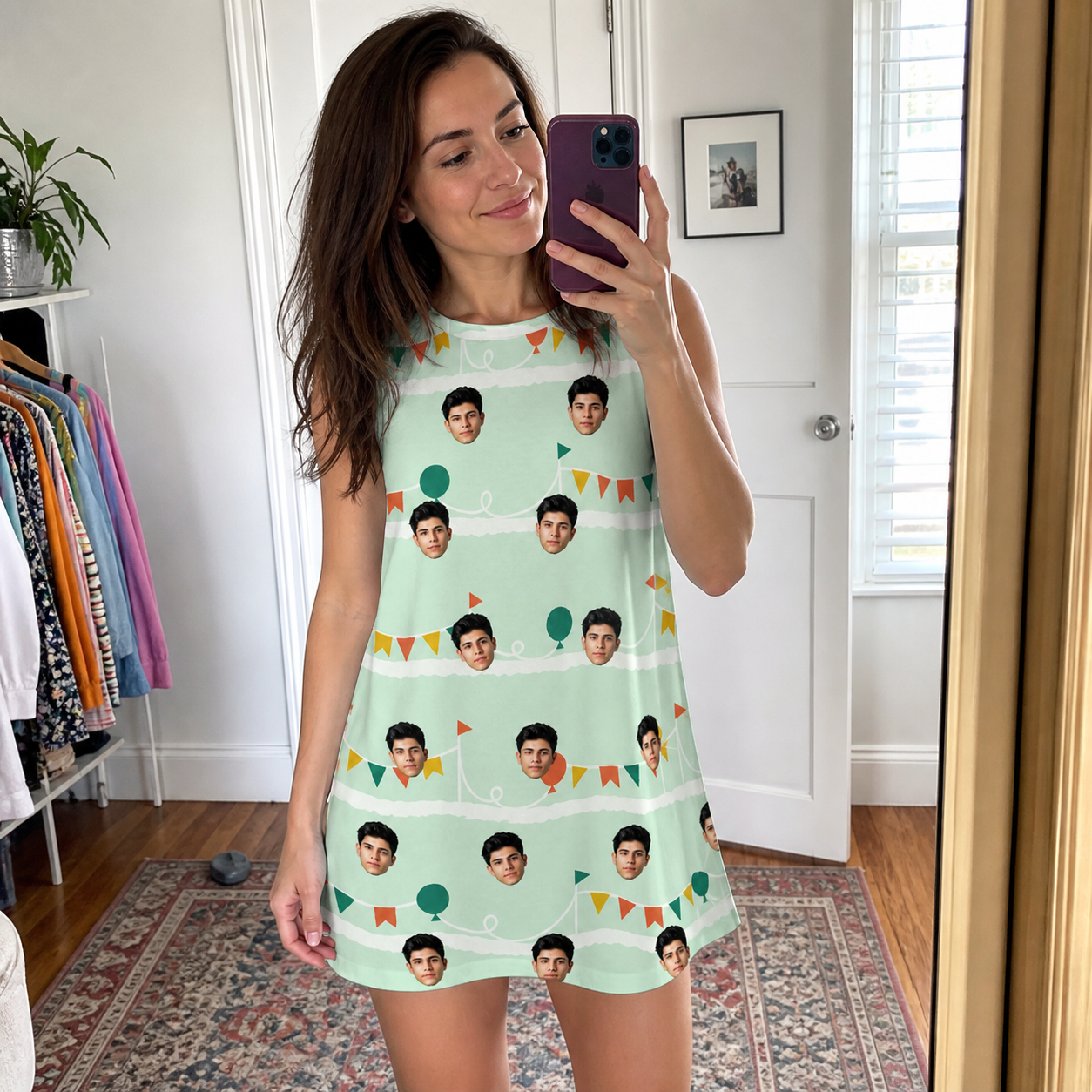 Real-life photo of someone wearing Women's Aisle Antics Custom Face Tank Dress — custom faces printed all-over