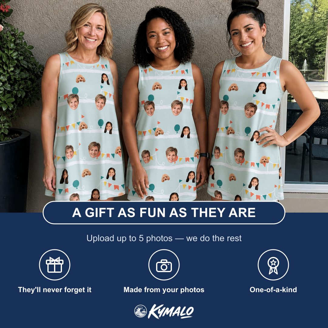 Friends in matching Women's Aisle Antics Custom Face Tank Dress — a group gift photo
