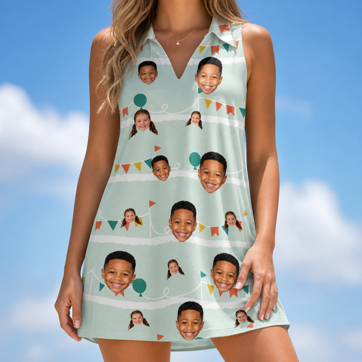 Model wearing Women's Aisle Antics Custom Face V-Neck Dress printed with kids' faces