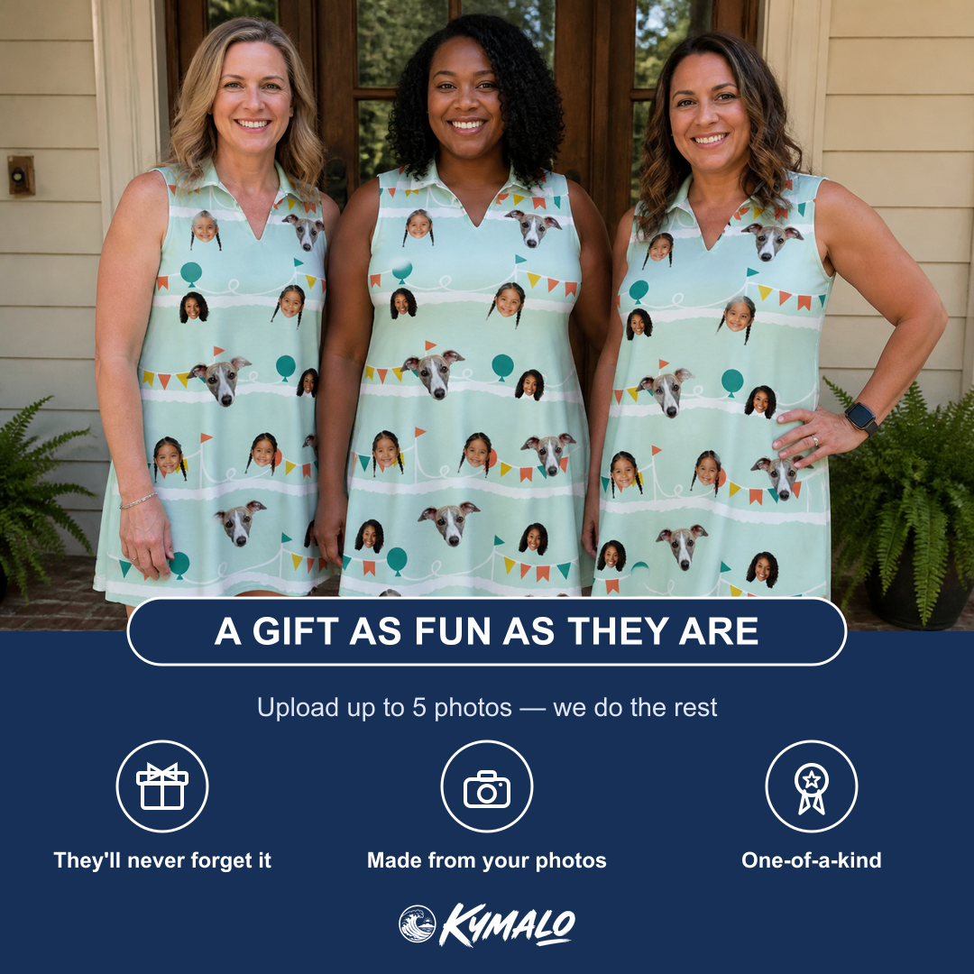 Friends in matching Women's Aisle Antics Custom Face V-Neck Dress — a group gift photo