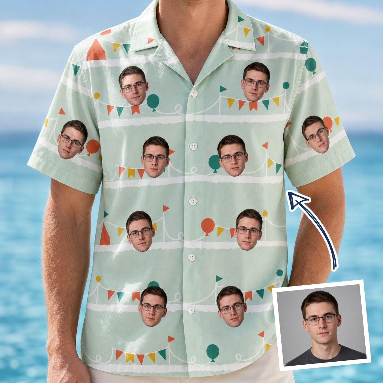 Man wearing Men's Aisle Antics Custom Face Hawaiian Shirt — custom faces printed all-over