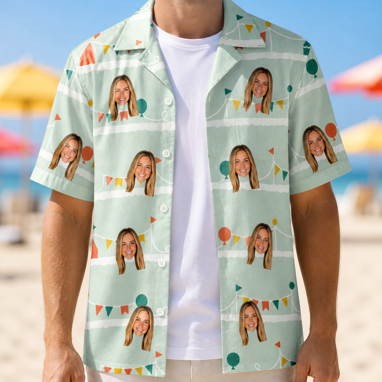 Man wearing Men's Aisle Antics Custom Face Hawaiian Shirt open over a white tee