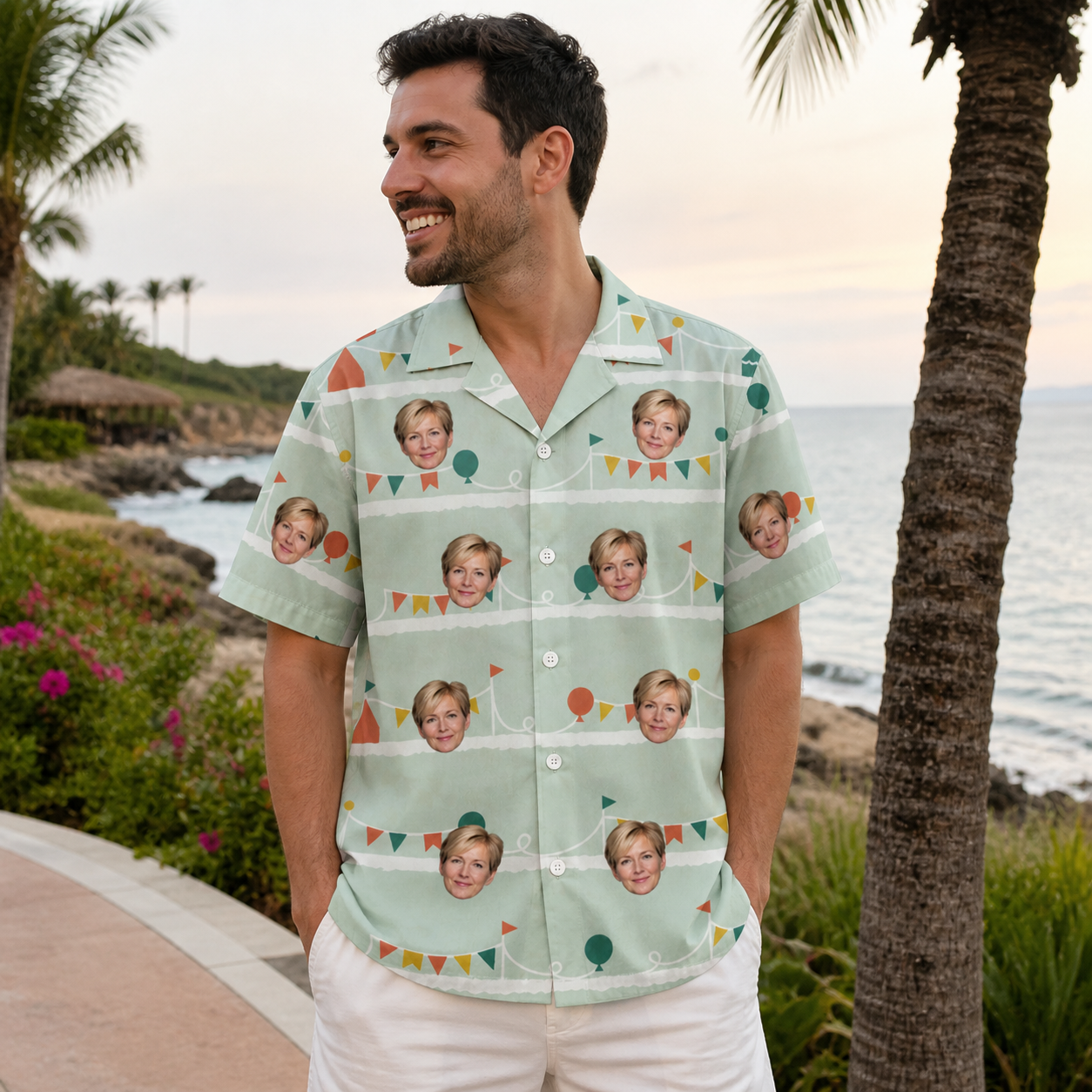 Real-life photo of someone wearing Men's Aisle Antics Custom Face Hawaiian Shirt — custom faces printed all-over