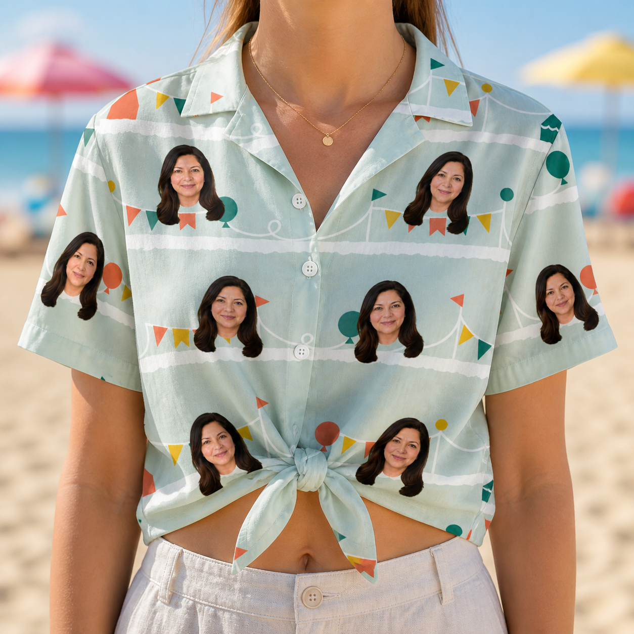 Woman wearing Women's Aisle Antics Custom Face Hawaiian Shirt tied at the waist