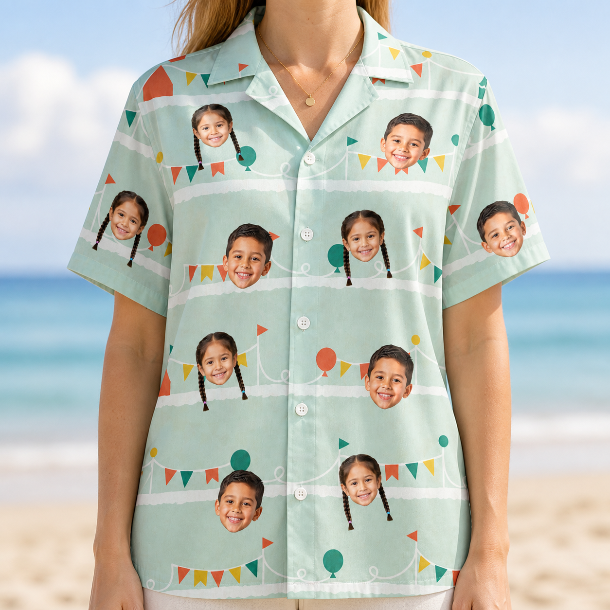 Model wearing Women's Aisle Antics Custom Face Hawaiian Shirt printed with kids' faces