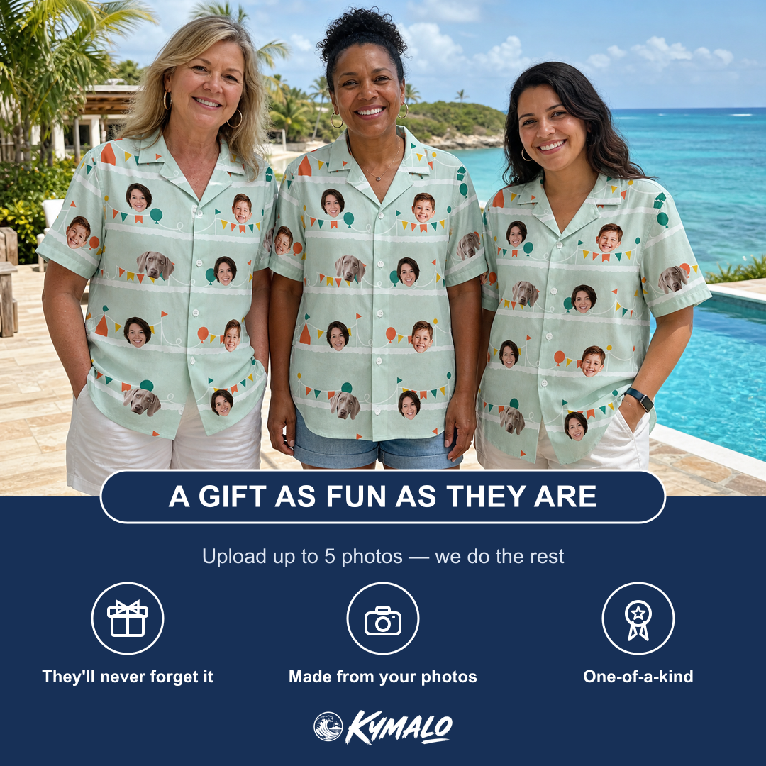 Friends in matching Women's Aisle Antics Custom Face Hawaiian Shirt — a group gift photo