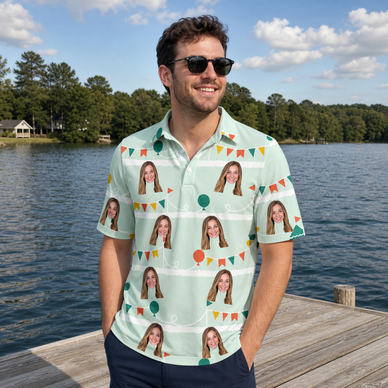 Real-life photo of someone wearing Men's Aisle Antics Custom Face Polo Shirt — custom faces printed all-over