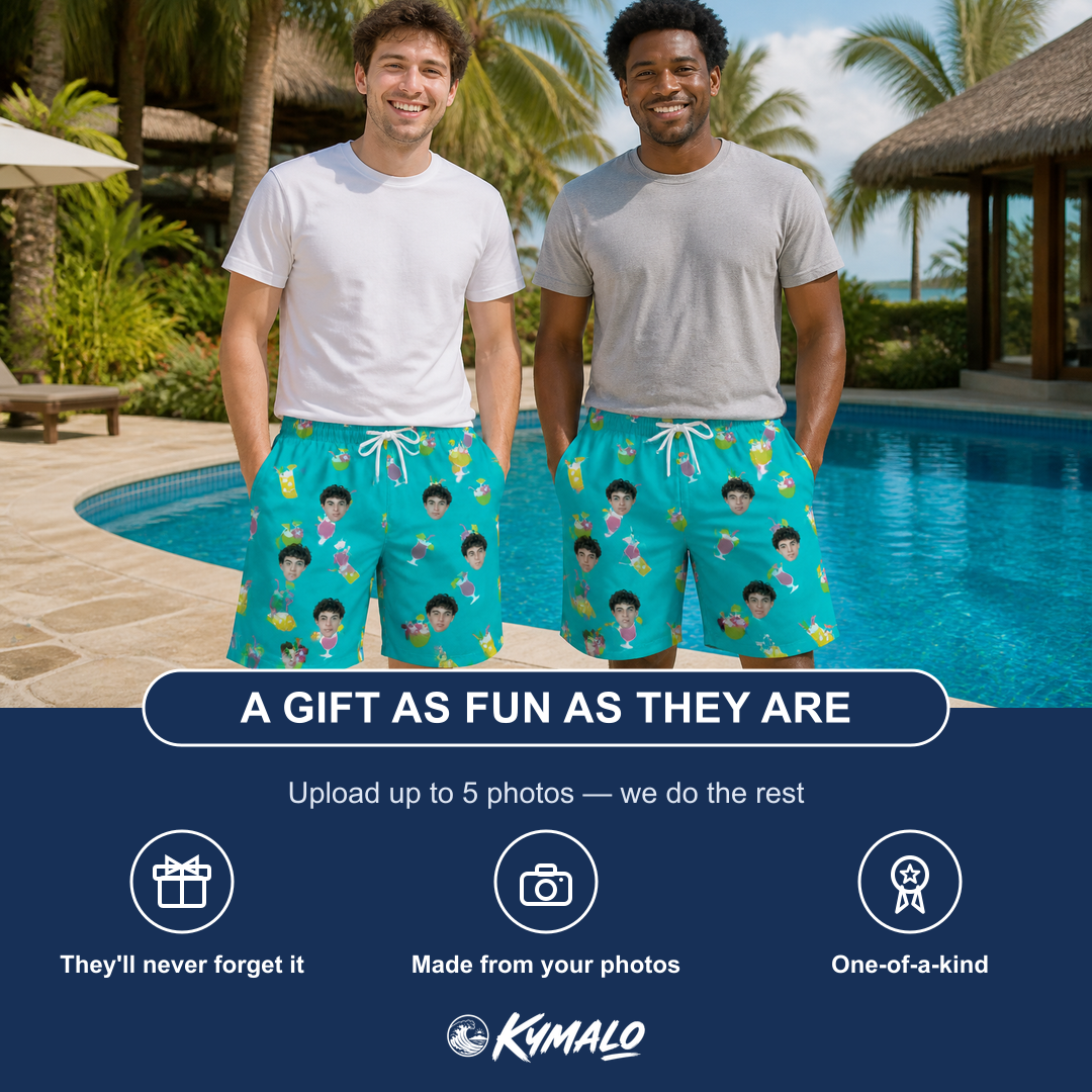 Friends in matching Men's Daiquiri Darlings Custom Face Beach Shorts — a group gift photo