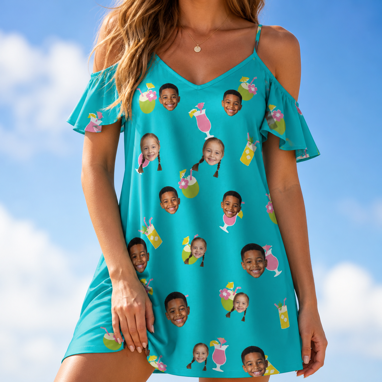 Model wearing Women's Daiquiri Darlings Custom Face Off-Shoulder Dress printed with kids' faces