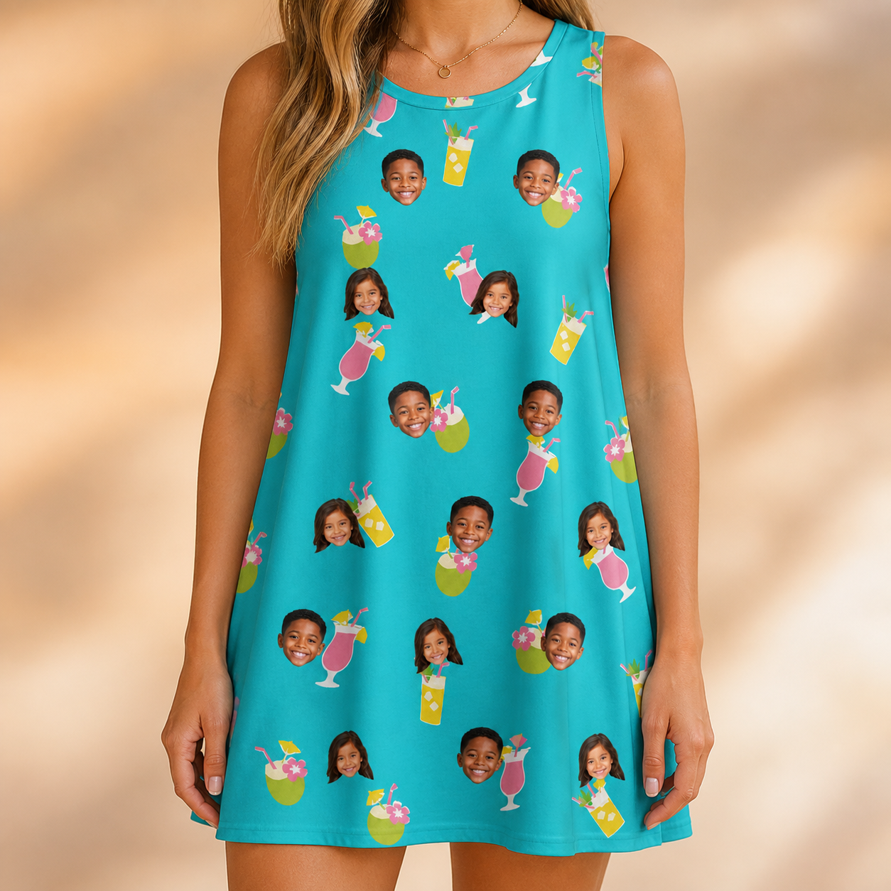 Model wearing Women's Daiquiri Darlings Custom Face Tank Dress printed with kids' faces