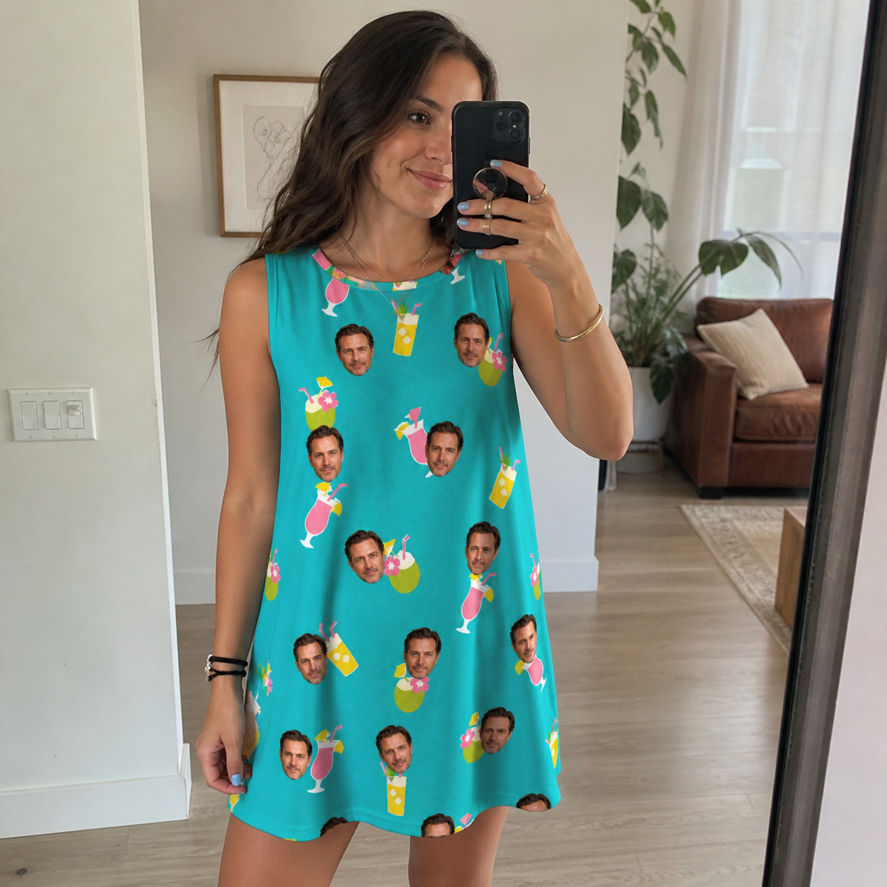 Real-life photo of someone wearing Women's Daiquiri Darlings Custom Face Tank Dress — custom faces printed all-over