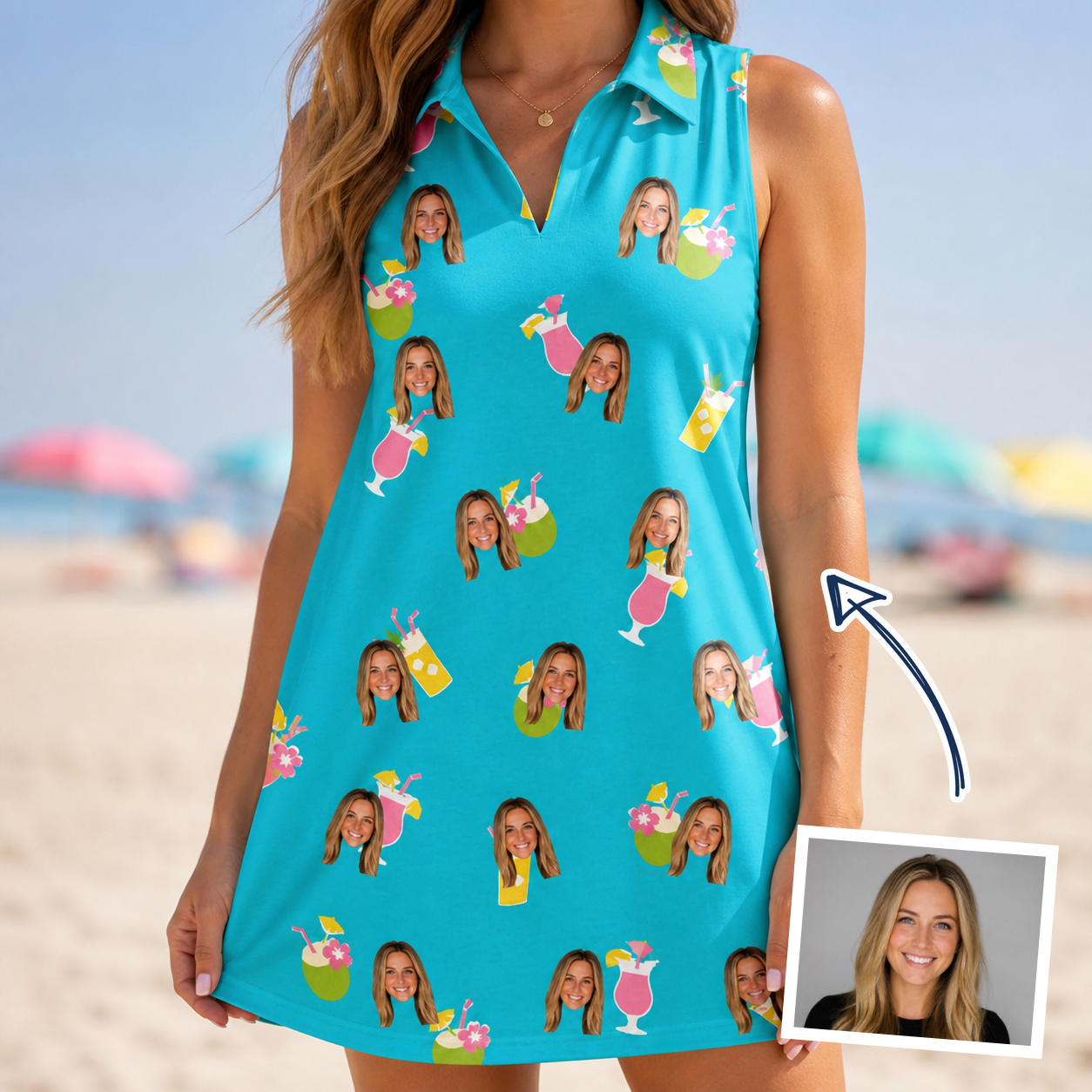Woman wearing Women's Daiquiri Darlings Custom Face V-Neck Dress — custom faces printed all-over