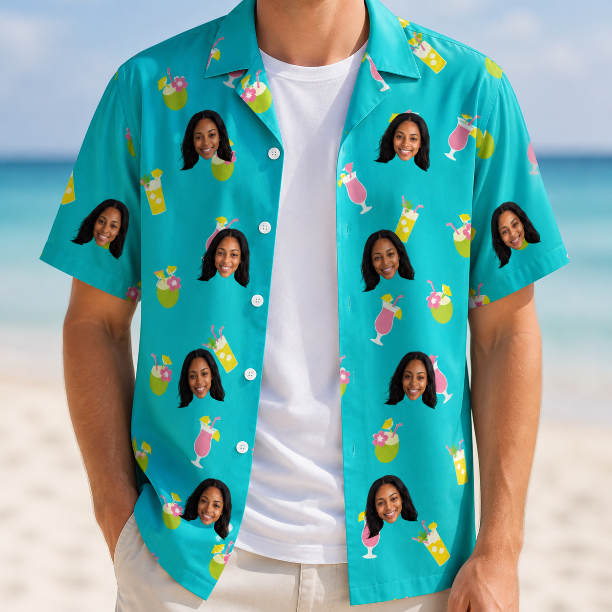 Man wearing Men's Daiquiri Darlings Custom Face Hawaiian Shirt open over a white tee