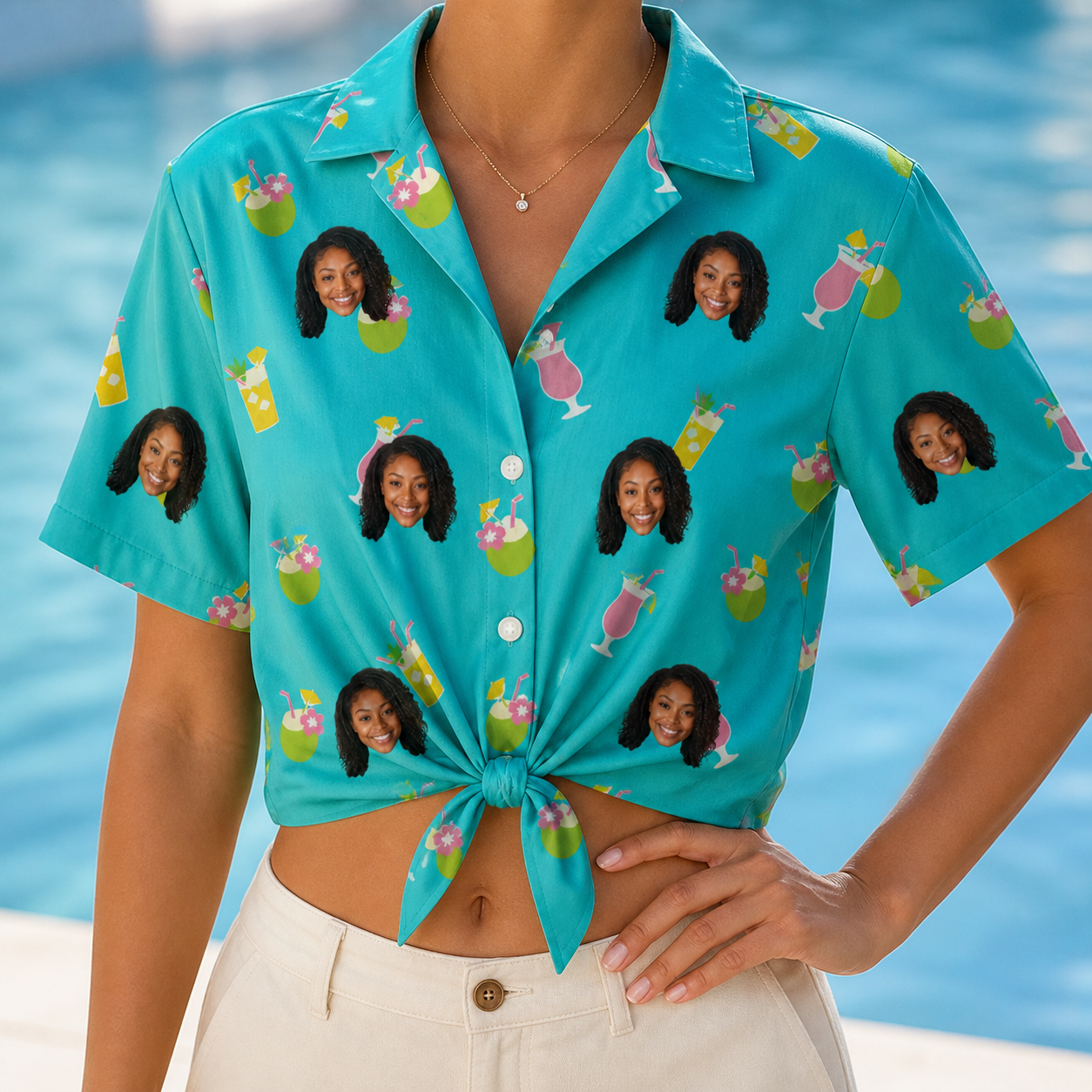 Woman wearing Women's Daiquiri Darlings Custom Face Hawaiian Shirt tied at the waist