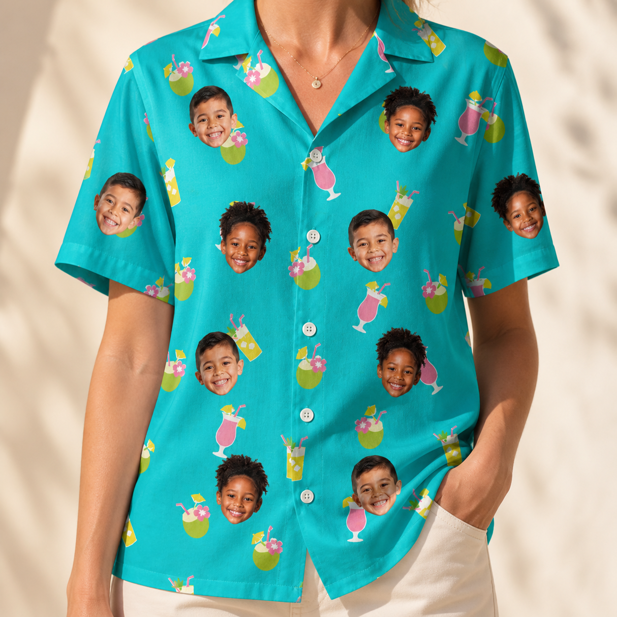 Model wearing Women's Daiquiri Darlings Custom Face Hawaiian Shirt printed with kids' faces