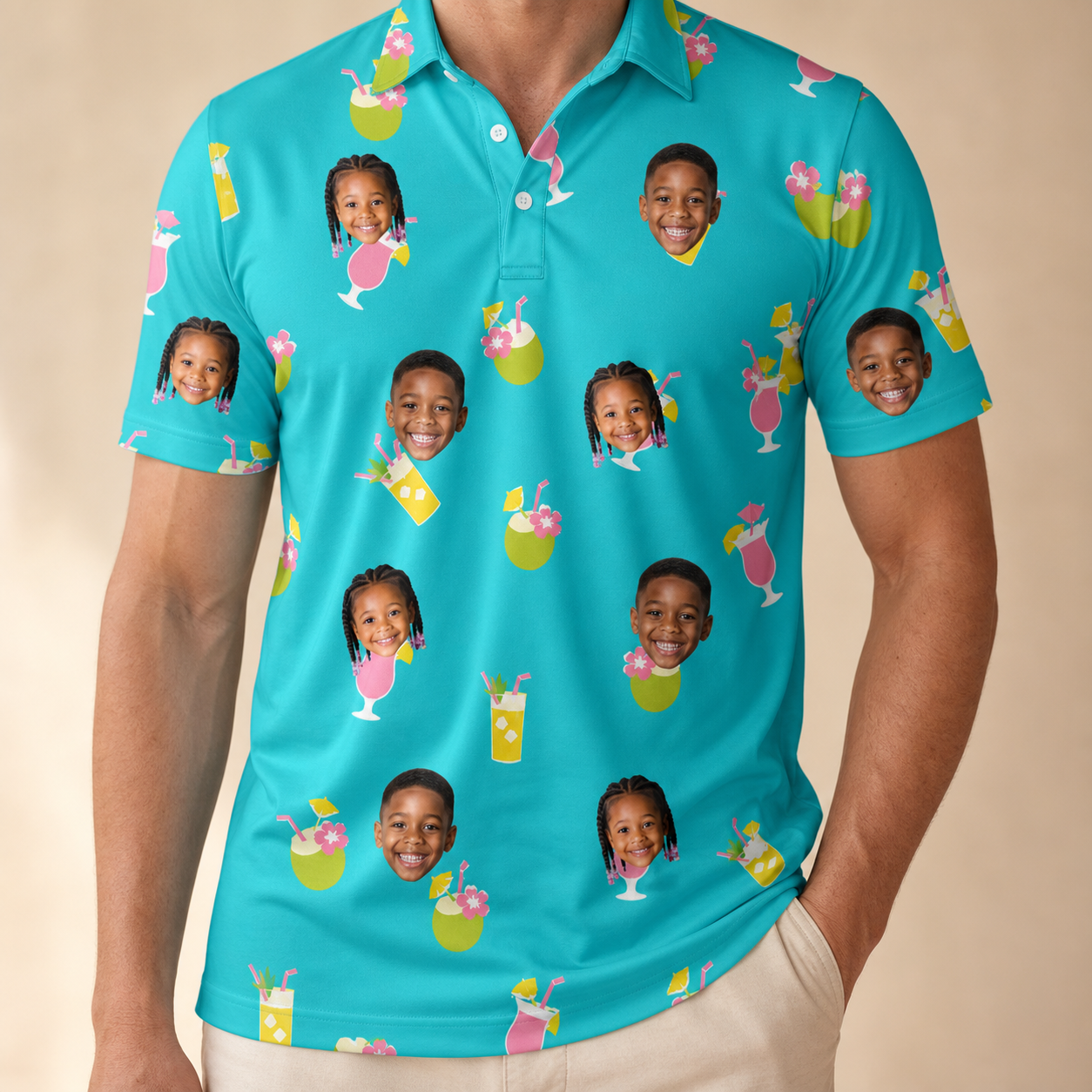 Model wearing Men's Daiquiri Darlings Custom Face Polo Shirt printed with kids' faces