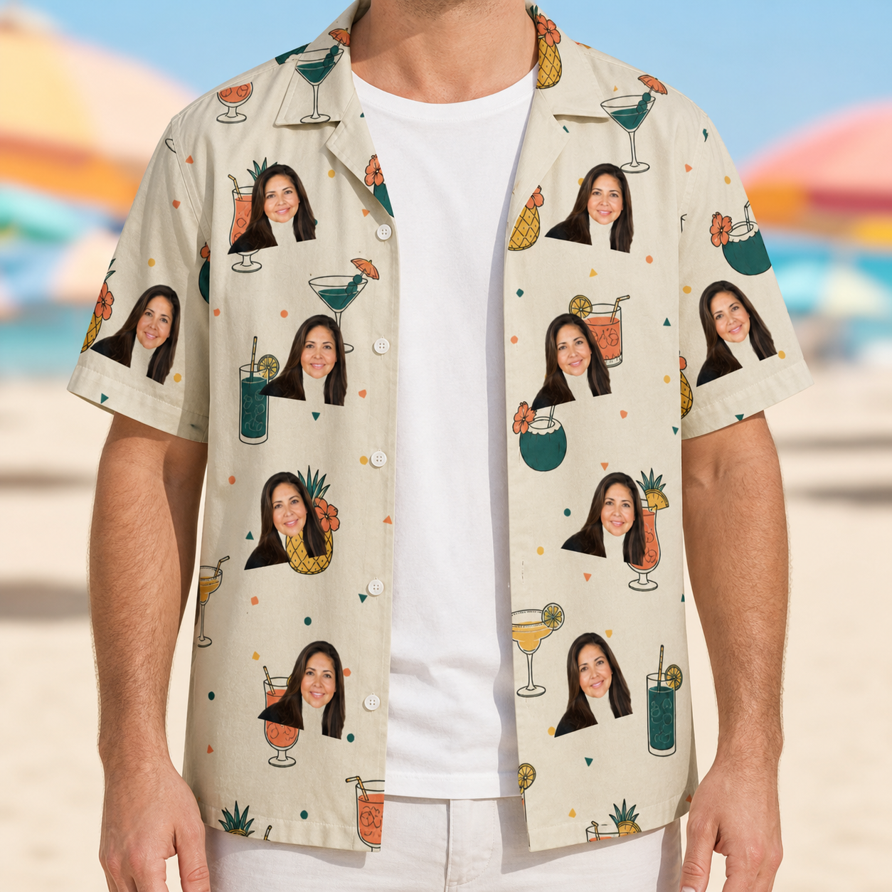 Man wearing Men's Mango Matrimony Custom Face Hawaiian Shirt open over a white tee