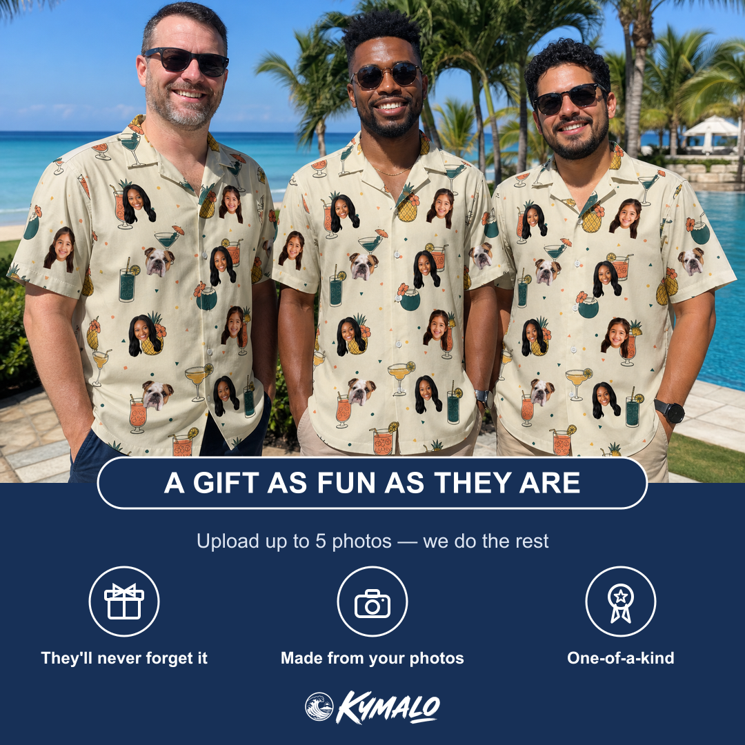 Friends in matching Men's Mango Matrimony Custom Face Hawaiian Shirt — a group gift photo