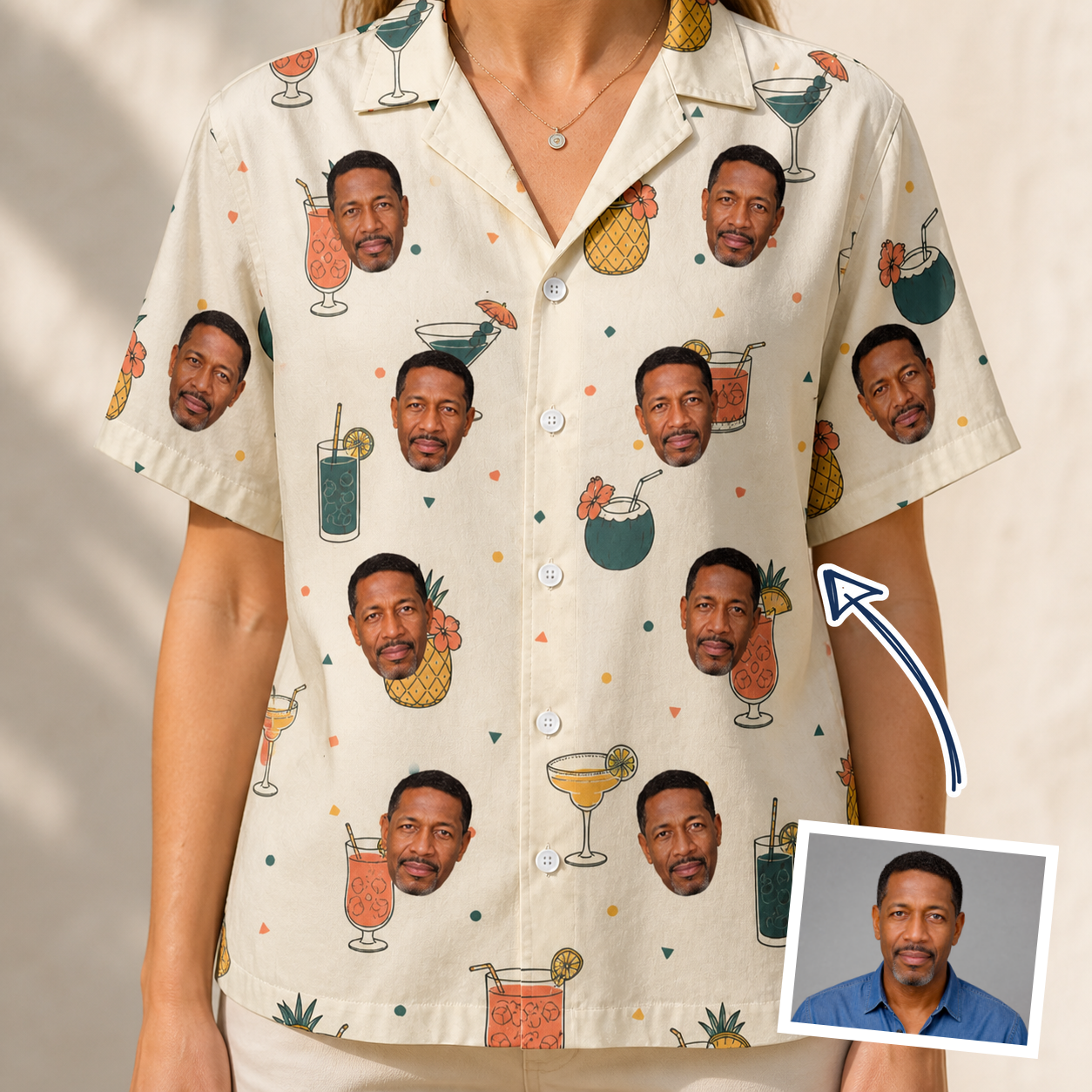 Woman wearing Women's Mango Matrimony Custom Face Hawaiian Shirt — custom faces printed all-over