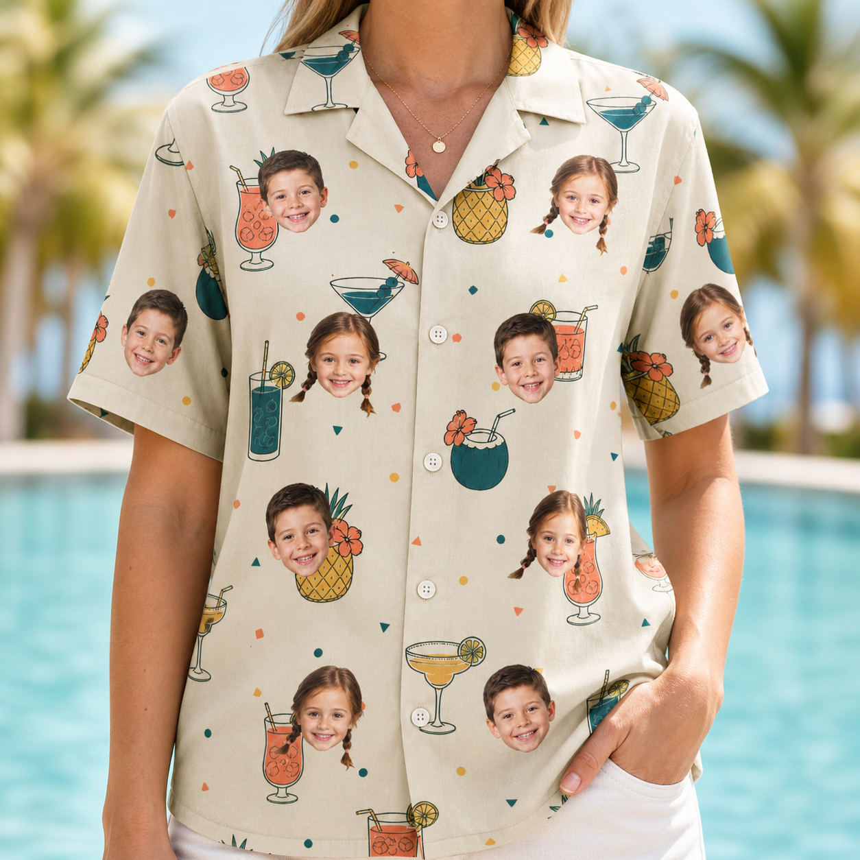 Model wearing Women's Mango Matrimony Custom Face Hawaiian Shirt printed with kids' faces