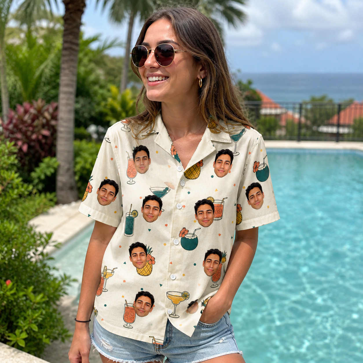 Real-life photo of someone wearing Women's Mango Matrimony Custom Face Hawaiian Shirt — custom faces printed all-over