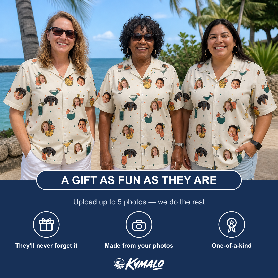 Friends in matching Women's Mango Matrimony Custom Face Hawaiian Shirt — a group gift photo