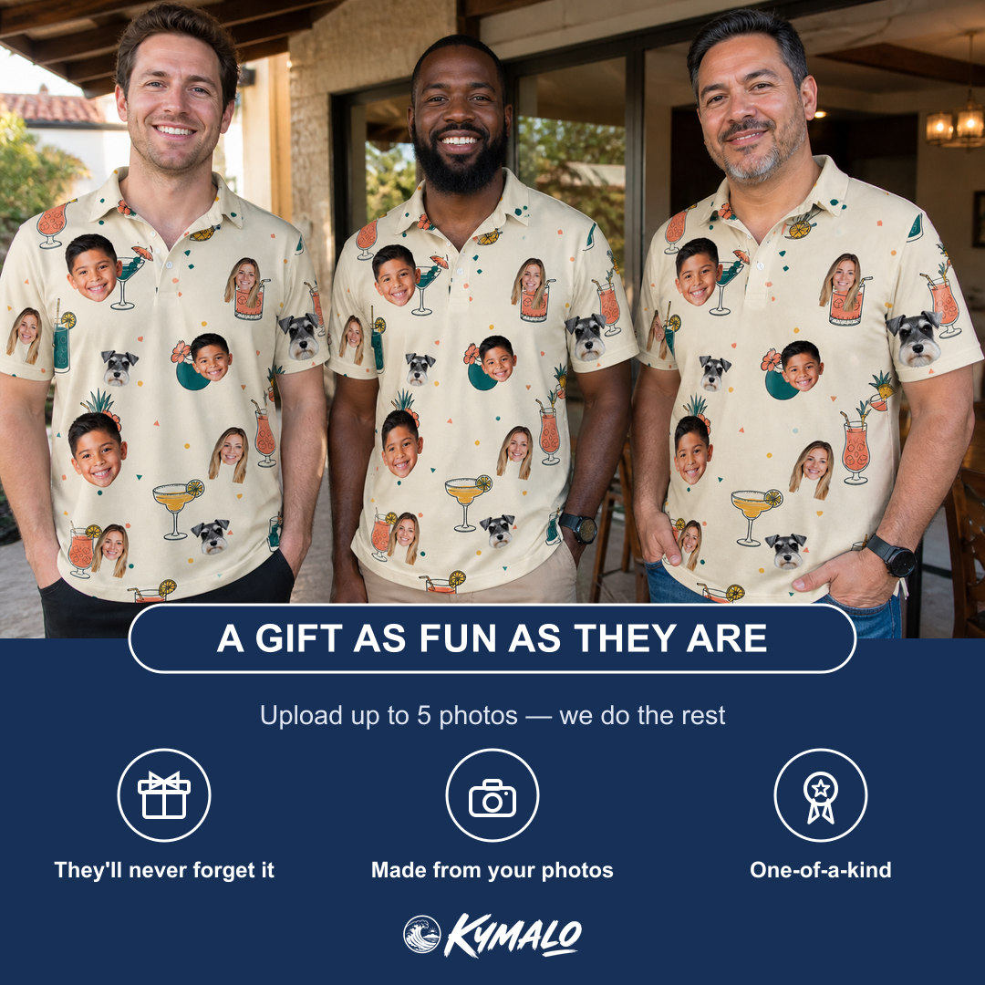 Friends in matching Men's Mango Matrimony Custom Face Polo Shirt — a group gift photo