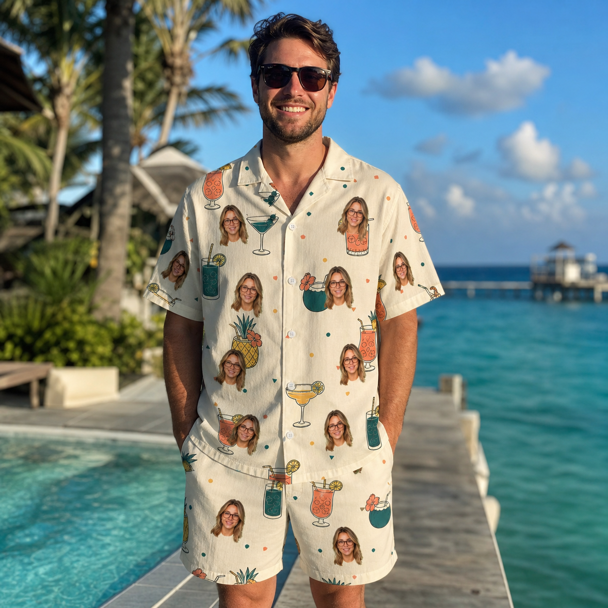 Real-life photo of someone wearing Men's Mango Matrimony Custom Face Shirt & Shorts Set — custom faces printed all-over