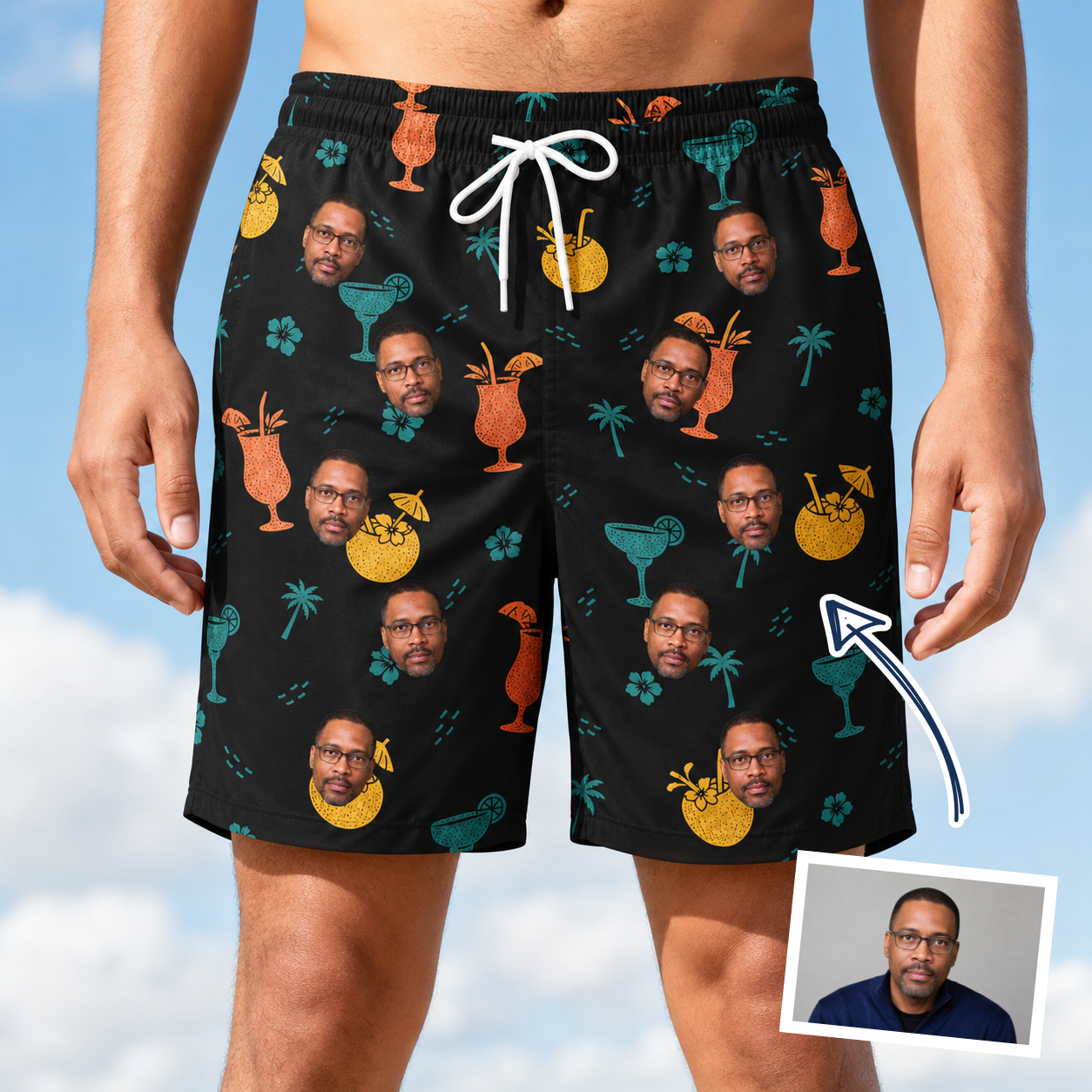 Man wearing Men's Guava Gaiety Custom Face Beach Shorts — custom faces printed all-over