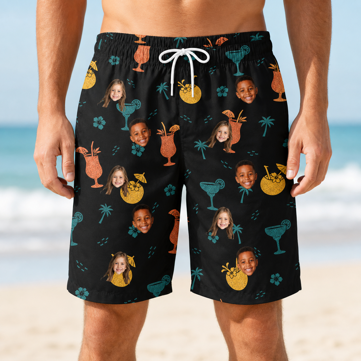 Model wearing Men's Guava Gaiety Custom Face Beach Shorts printed with kids' faces