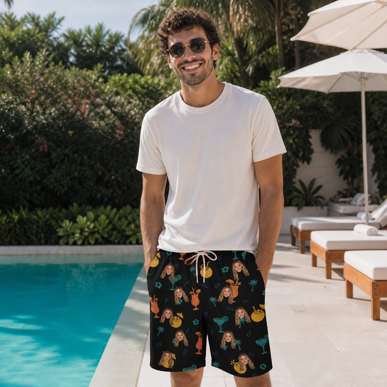 Real-life photo of someone wearing Men's Guava Gaiety Custom Face Beach Shorts — custom faces printed all-over