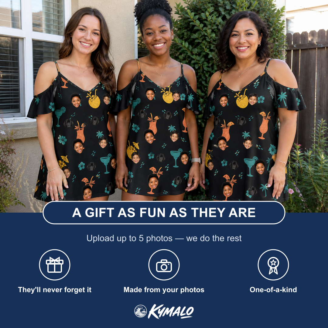 Friends in matching Women's Guava Gaiety Custom Face Off-Shoulder Dress — a group gift photo