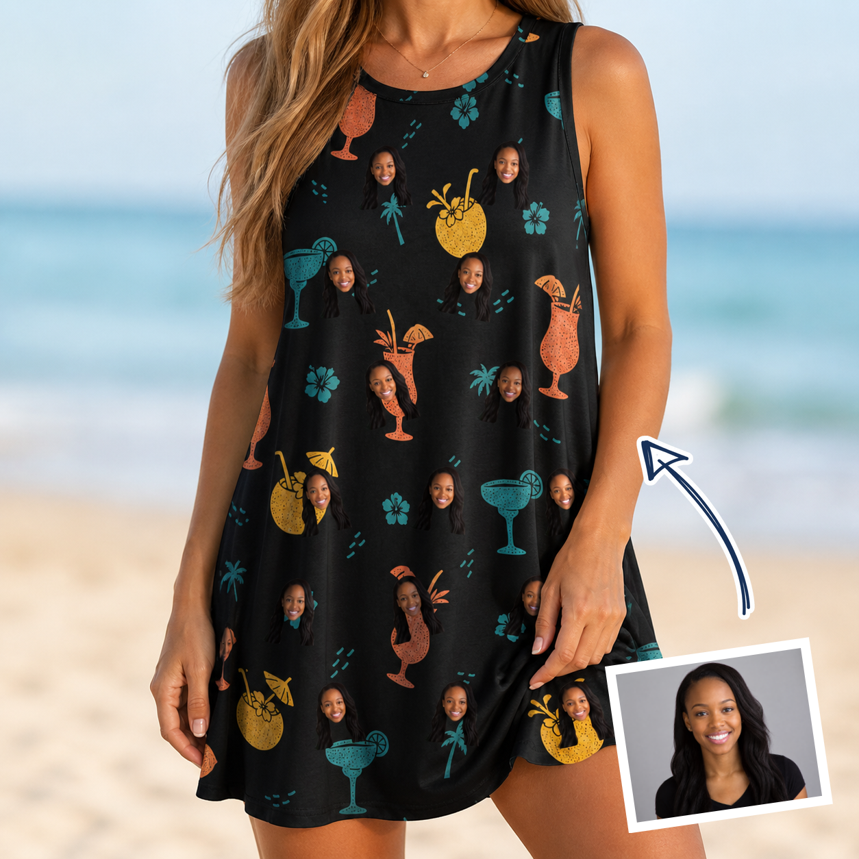 Woman wearing Women's Guava Gaiety Custom Face Tank Dress — custom faces printed all-over