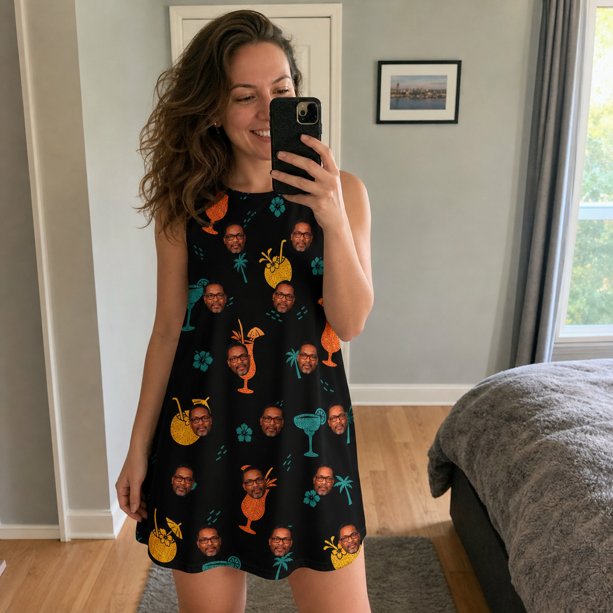 Real-life photo of someone wearing Women's Guava Gaiety Custom Face Tank Dress — custom faces printed all-over