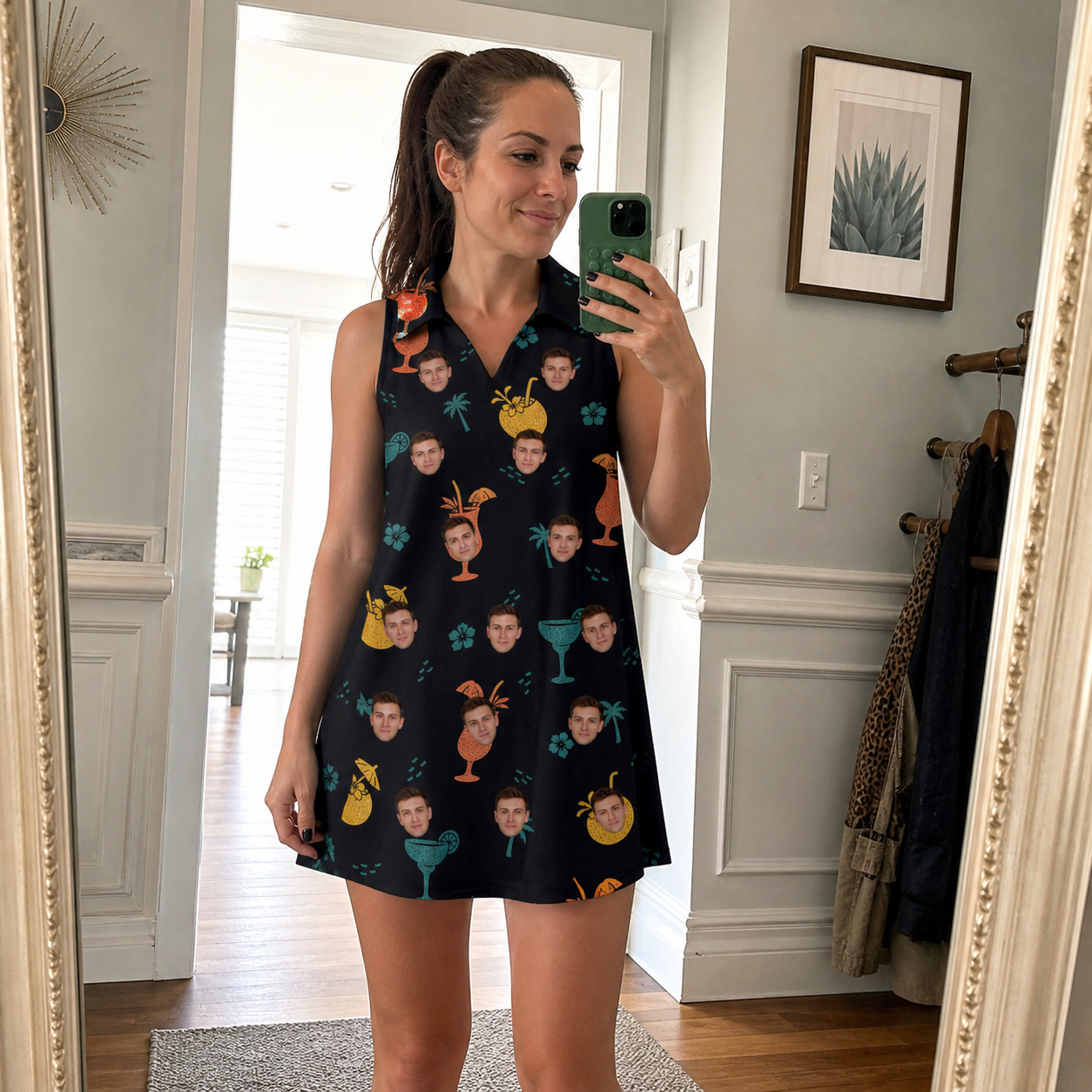 Real-life photo of someone wearing Women's Guava Gaiety Custom Face V-Neck Dress — custom faces printed all-over