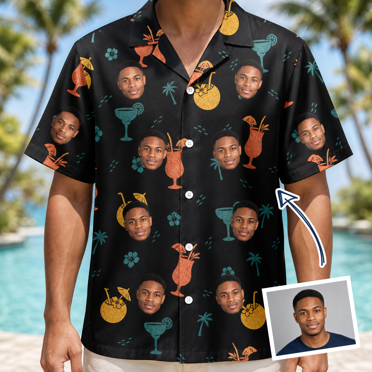Man wearing Men's Guava Gaiety Custom Face Hawaiian Shirt — custom faces printed all-over