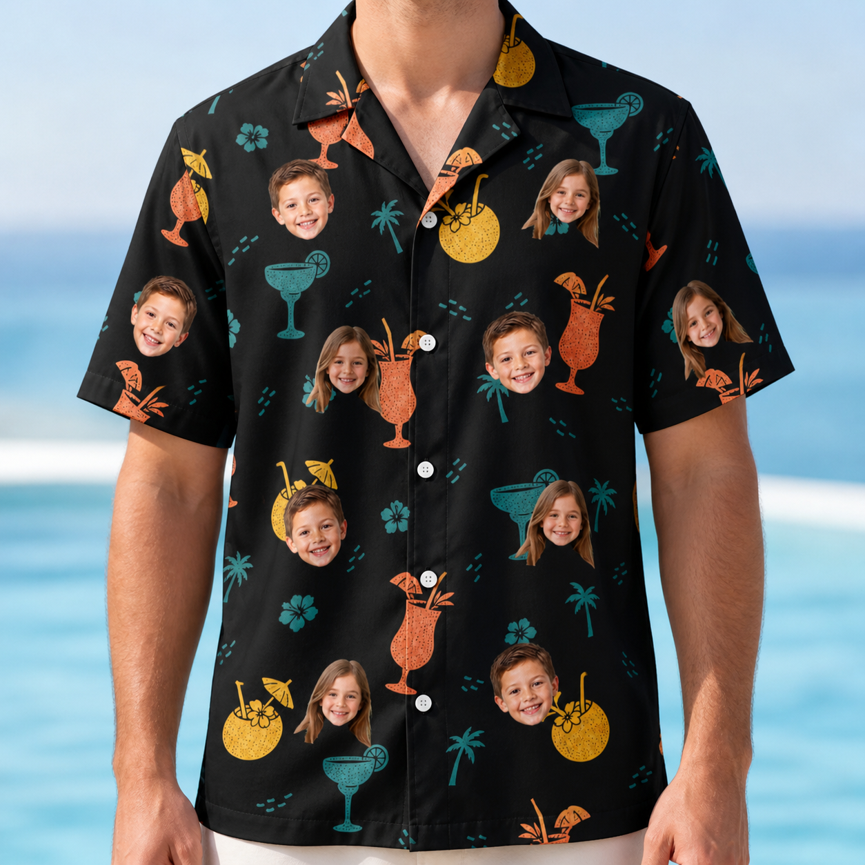Model wearing Men's Guava Gaiety Custom Face Hawaiian Shirt printed with kids' faces