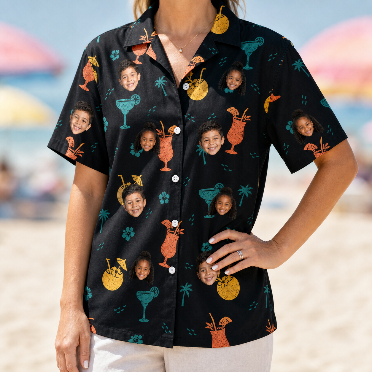 Model wearing Women's Guava Gaiety Custom Face Hawaiian Shirt printed with kids' faces