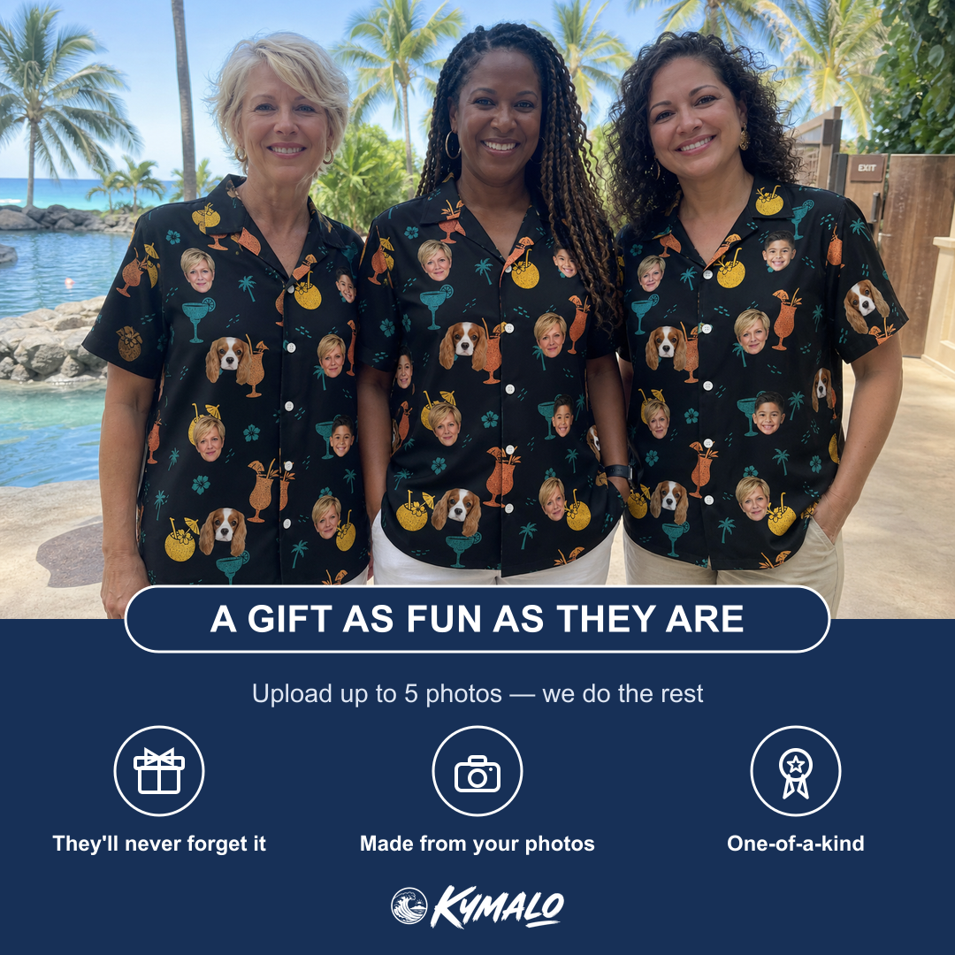 Friends in matching Women's Guava Gaiety Custom Face Hawaiian Shirt — a group gift photo