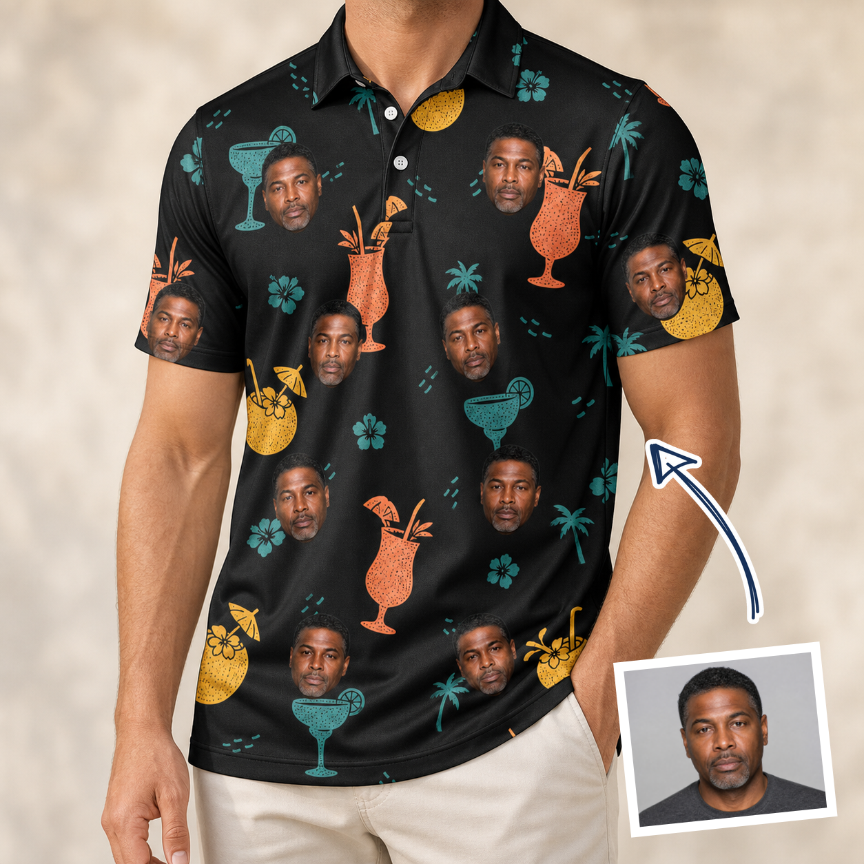 Man wearing Men's Guava Gaiety Custom Face Polo Shirt — custom faces printed all-over