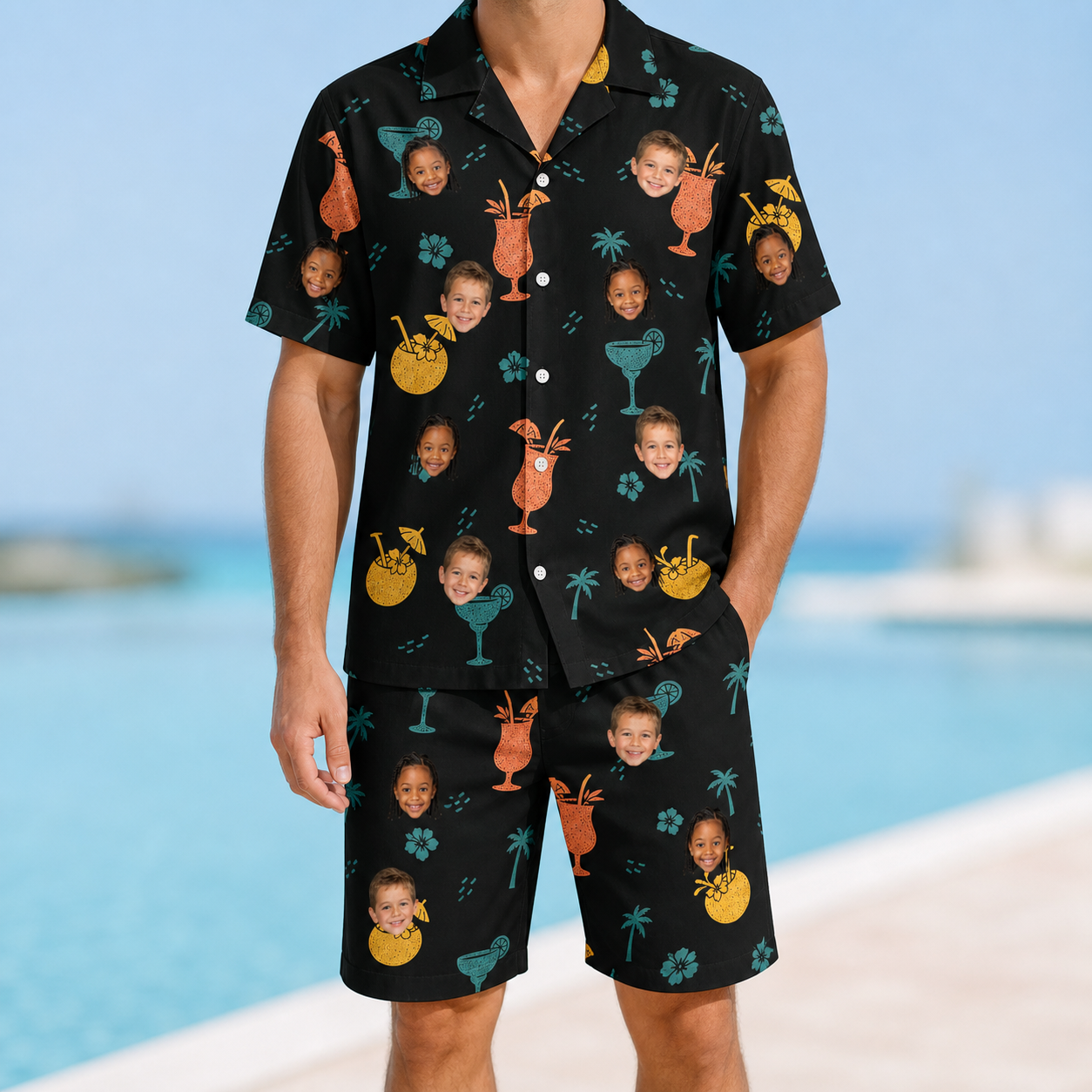Model wearing Men's Guava Gaiety Custom Face Shirt & Shorts Set printed with kids' faces