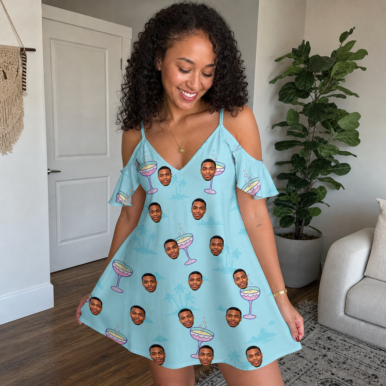 Real-life photo of someone wearing Women's Cork Kisses Custom Face Off-Shoulder Dress — custom faces printed all-over
