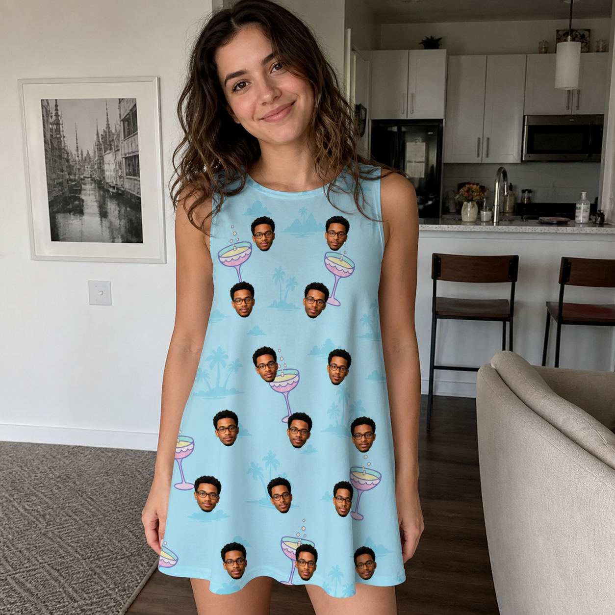 Real-life photo of someone wearing Women's Cork Kisses Custom Face Tank Dress — custom faces printed all-over
