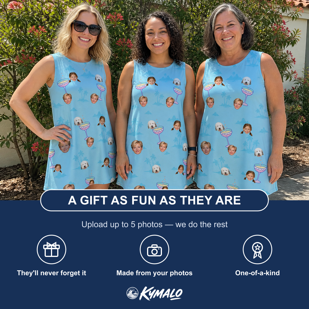 Friends in matching Women's Cork Kisses Custom Face Tank Dress — a group gift photo